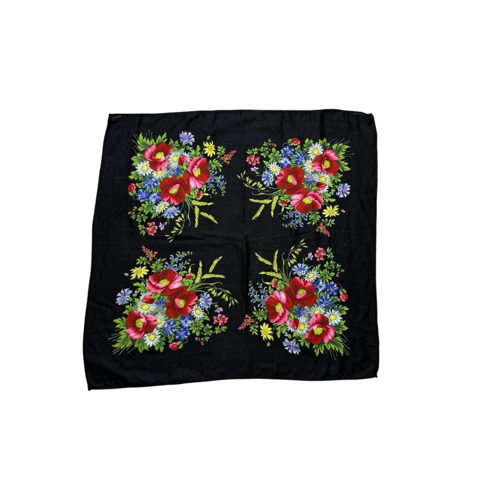 Vintage Womens Pure Virgin Wool Floral Wrap Square Scarf Hand Screen Printed
